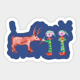 Elves feeding reindeer in Gouache Sticker